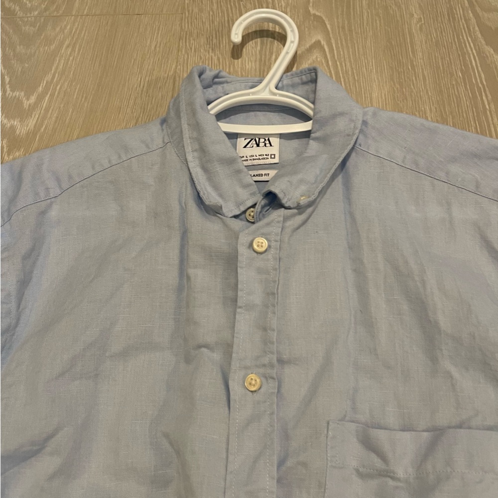 Zara Men’s Linen Button Down Shirt, Light Blue size Large - Picture 3 of 13